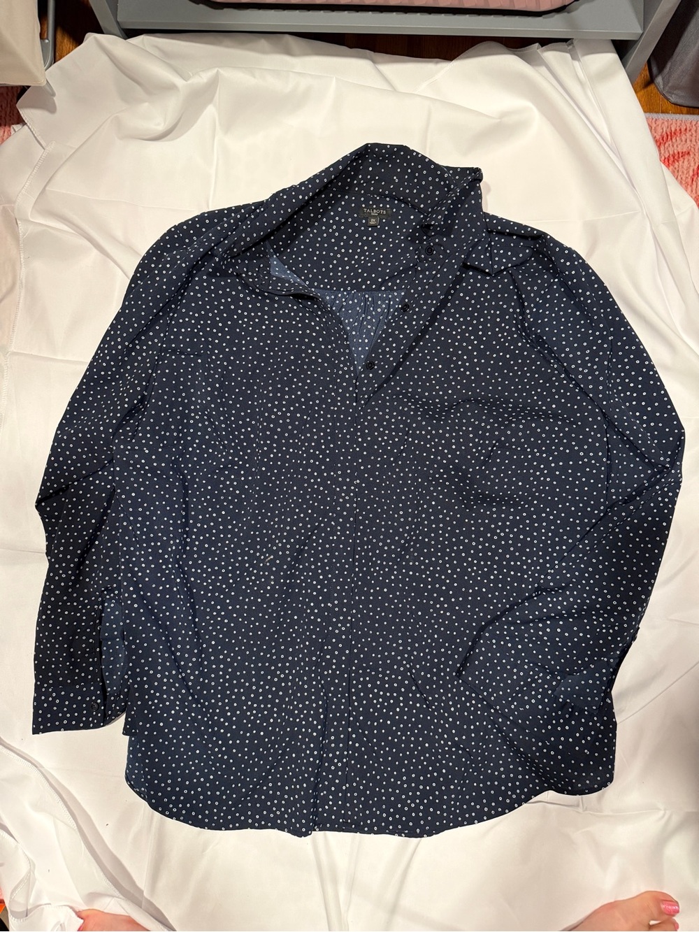 Talbots Navy Blouse with White Dot Print
